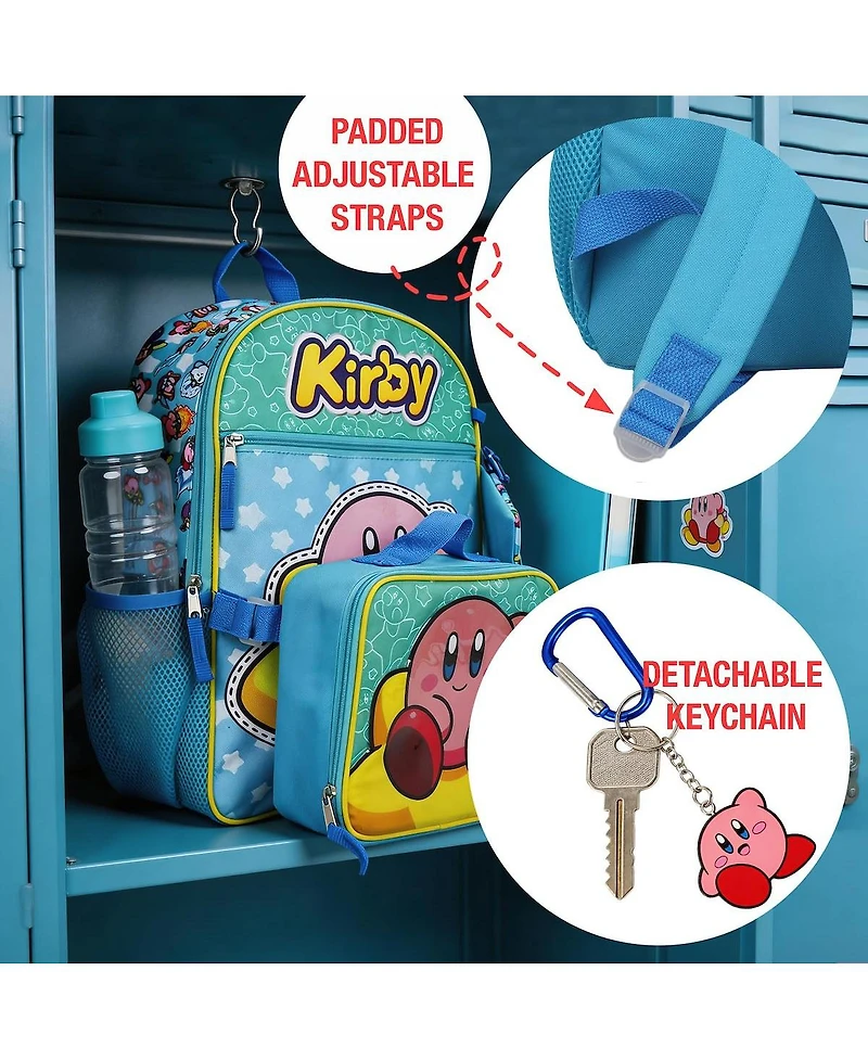 Kirby 5-Piece Set: 16" Backpack, Lunchbox, Utility Case, Rubber Keychain, and Carabiner