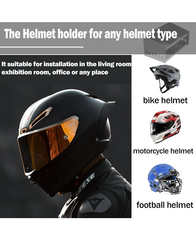 Gaomon Wall-Mounted Helmet Rack, Aluminum Double Helmet Holder with Hooks for Hanging Clothes, Helmet Stand Storage Cabinet Organizer for Garage