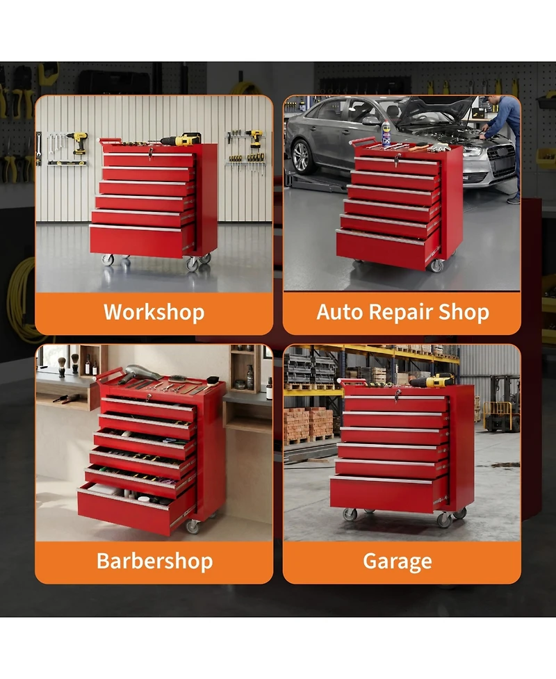Gaomon 6-Drawer Portable Tool Storage Cart, Rolling Tool Chest Cabinet, Lockable Toolbox Organizer, Red