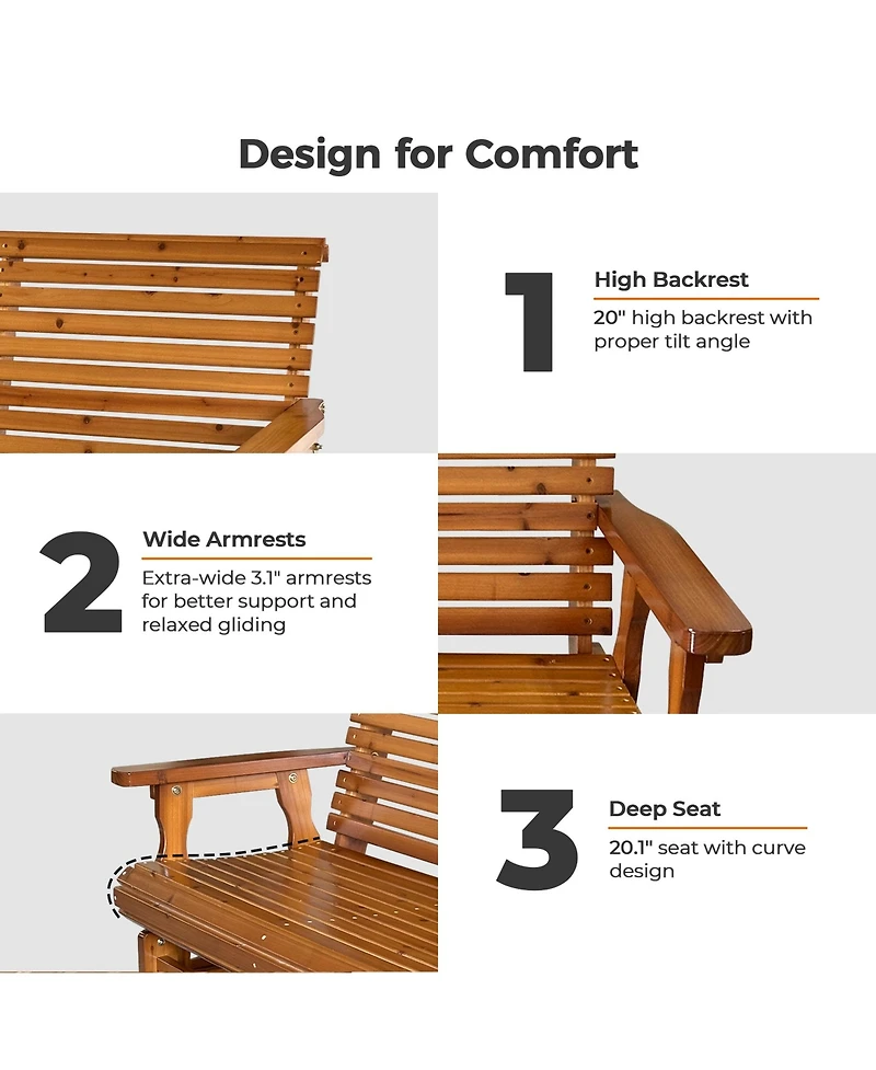 Mega Casa Wooden Patio Glider with High Roll Back and Deep Contoured Seat, Solid Fir Wood, 2-Seater, Heavy Duty 800 Lbs, 4 Ft.