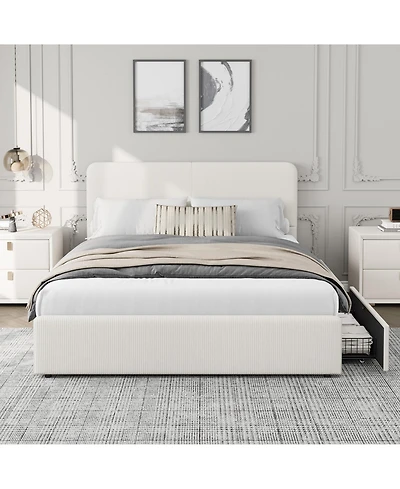 homfan Upholstered Platform Bed Frame with Headboard and 2 Storage Drawers, Wood Slat Support