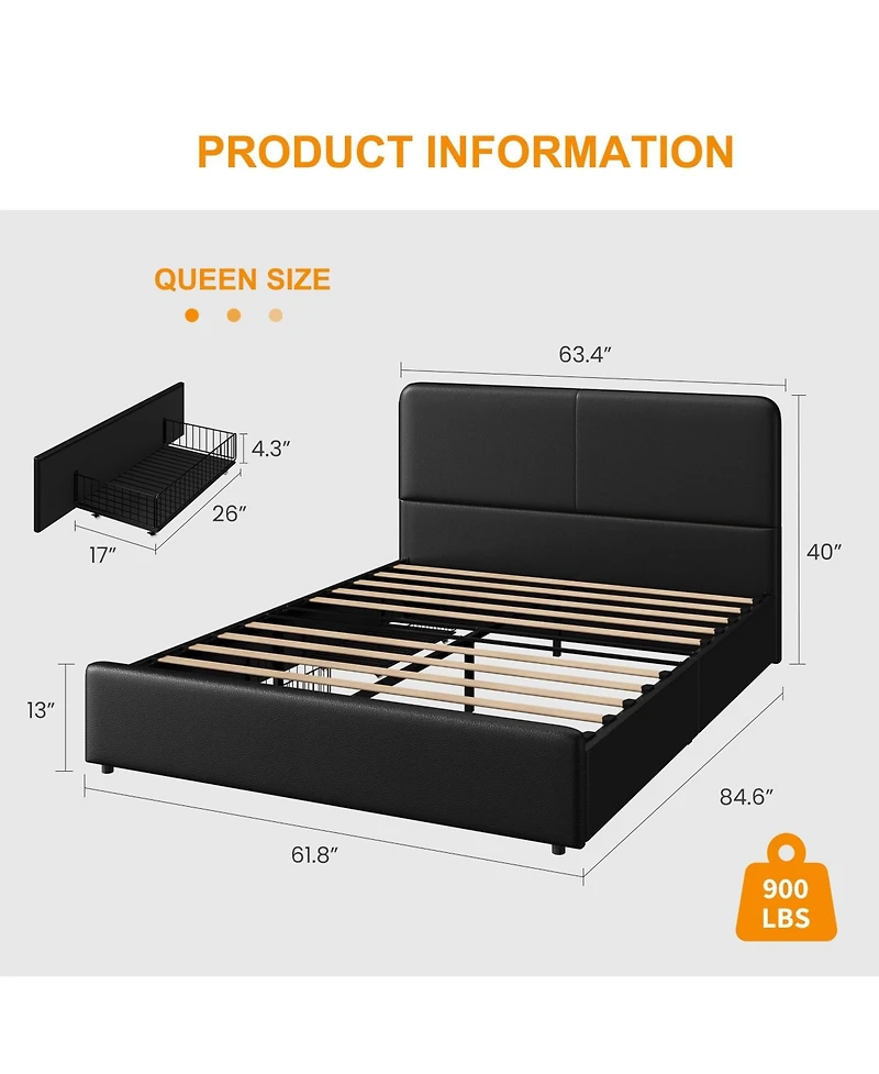 homfan Upholstered Platform Bed Frame with Headboard and 2 Storage Drawers, Wood Slat Support