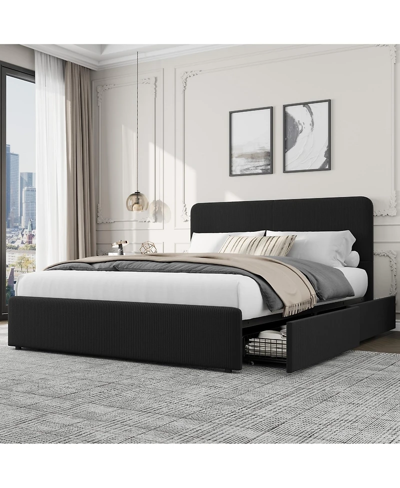 homfan Upholstered Platform Bed Frame with Headboard and 2 Storage Drawers, Wood Slat Support