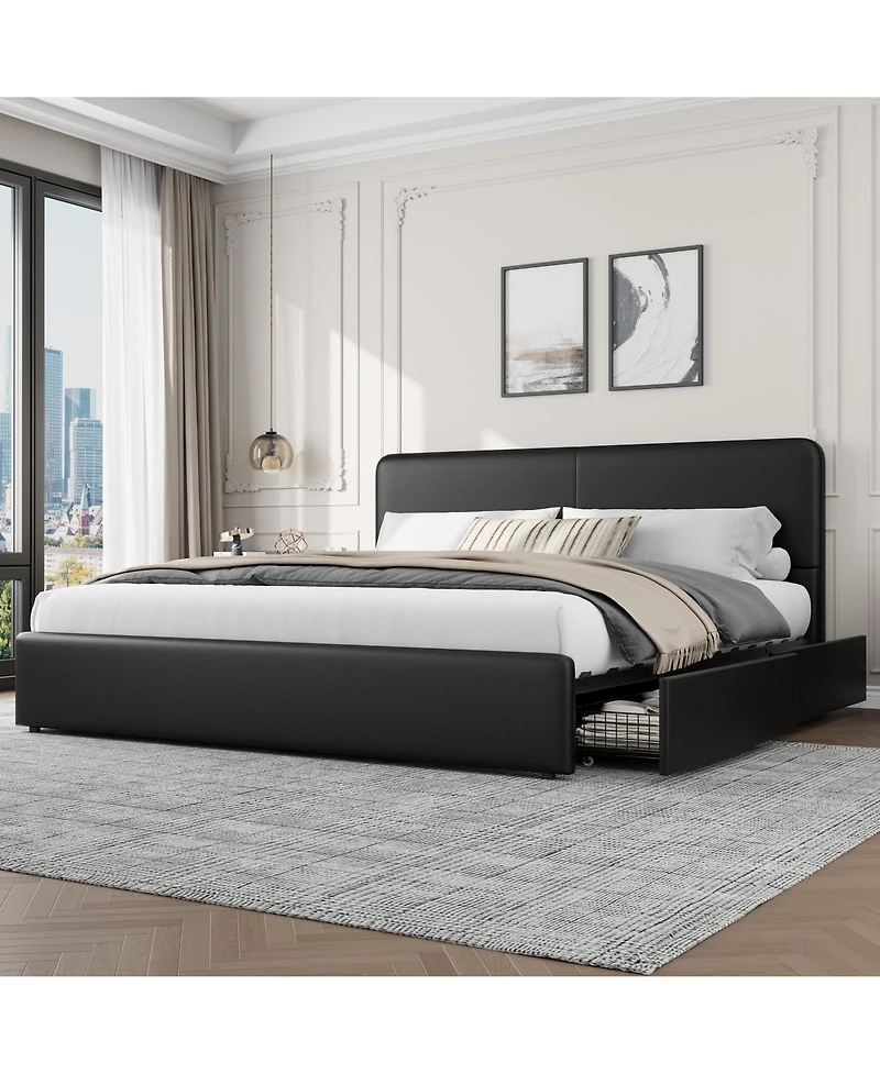 homfan Upholstered Platform Bed Frame with Headboard and 2 Storage Drawers, Wood Slat Support