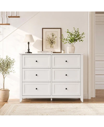 homfan Farmhouse 6-Drawer Tall Dresser, Wood Storage Chest with Deep Drawers and Metal Handles for Multi-Room Storage