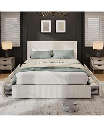homfan Upholstered Platform Bed Frame with 4 Storage Drawers, Corduroy Channel Tufted Wingback Headboard