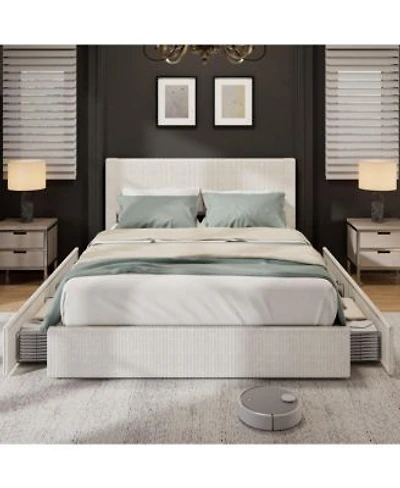 Homfan Upholstered Platform Bed Frame With 4 Storage Drawers Corduroy Channel Tufted Wingback Headboard Wood Slat Support