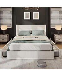 Homfan Upholstered Platform Bed Frame With 4 Storage Drawers Corduroy Channel Tufted Wingback Headboard Wood Slat Support