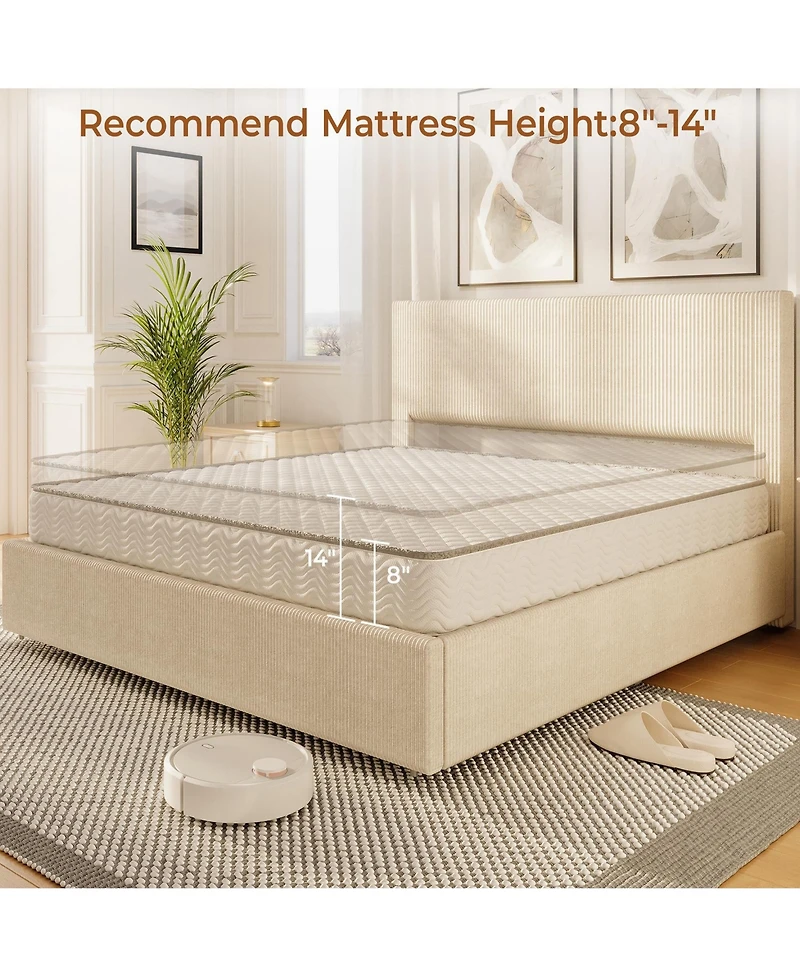 homfan Upholstered Platform Bed Frame with 4 Storage Drawers, Corduroy Channel Tufted Wingback Headboard