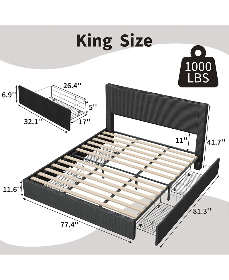 homfan Upholstered Platform Bed Frame with 4 Storage Drawers, Corduroy Channel Tufted Wingback Headboard