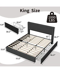 homfan Upholstered Platform Bed Frame with 4 Storage Drawers, Corduroy Channel Tufted Wingback Headboard
