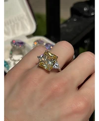 Suzy Levian New York Gala Collection Sterling Silver Large Firework Emerald-Cut Cubic Zirconia Trillion Accent 3-Stone Ring