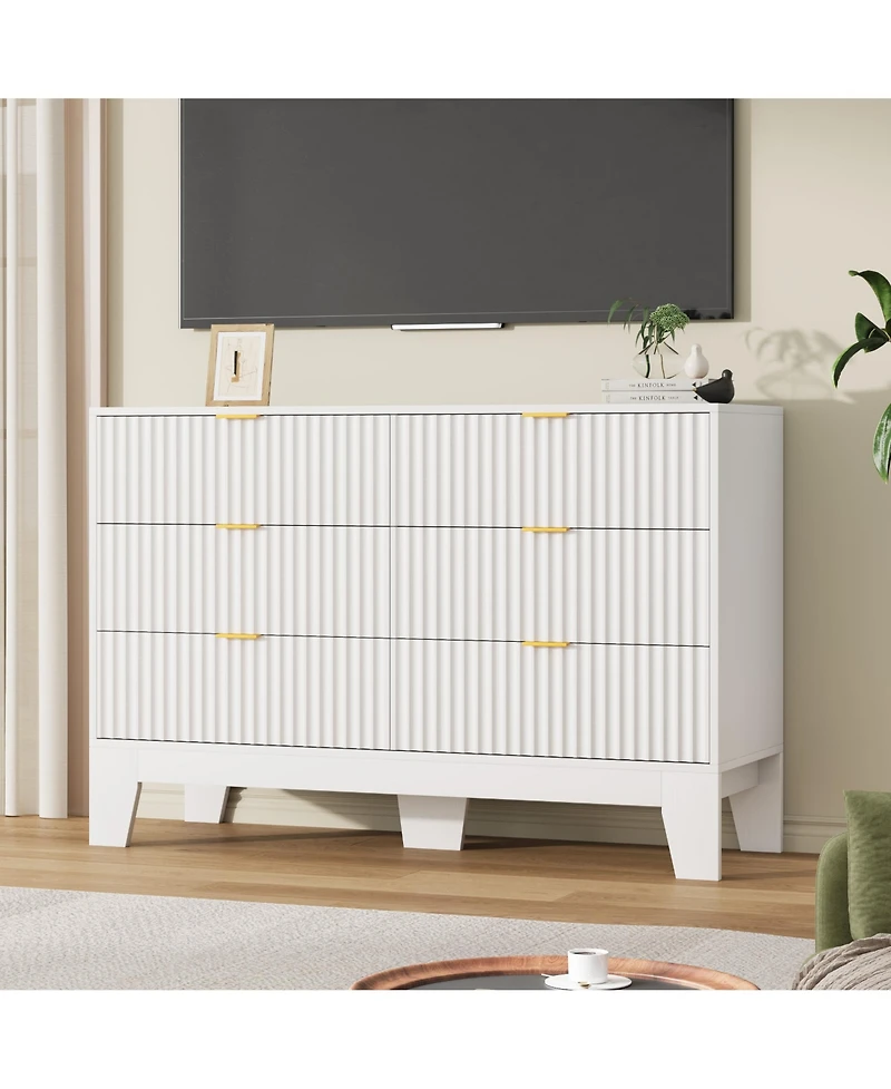 homfan 6 Drawer Dresser for Bedroom, 47" Wide Fluted Chest of Drawers with Metal Handle, Modern Wooden Tv Stand, Clothes Storage Organizer Hallway