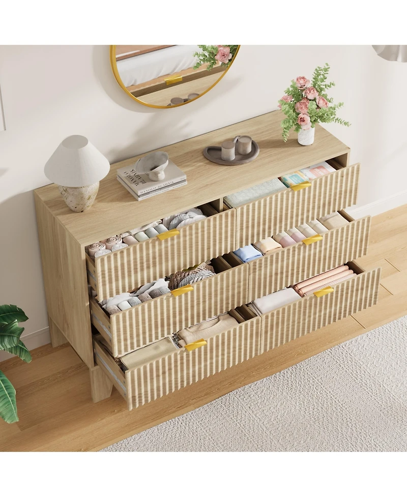 homfan 6 Drawer Dresser for Bedroom, 47" Wide Fluted Chest of Drawers with Metal Handle, Modern Wooden Tv Stand, Clothes Storage Organizer for Hallway
