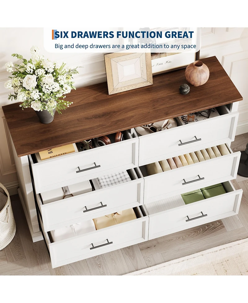 homfan 6-Drawer Dresser for Bedroom, Farmhouse Chest of Drawers with Metal Handles, Wide Storage Cabinet Living Room Hallway