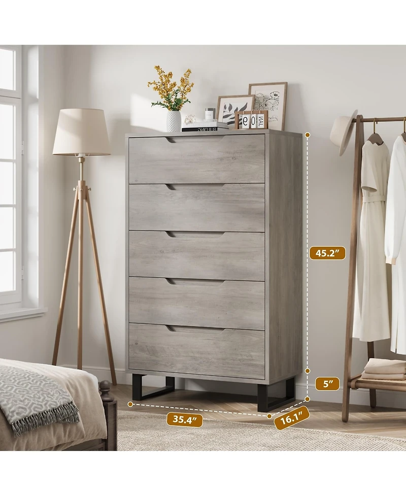 homfan 5 Dresser for Bedroom, 50" Tall Dresser, Freestanding Vertical Drawer with Storage, Wooden Closet Chest Storage Living Room, Hallway