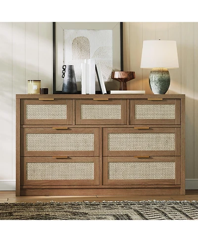 homfan Wide Boho Rattan Dresser with 7 Drawers, Modern Storage Chest Featuring Metal Handles, Wooden Cabinet and Tv Stand Ideal for Bedroom