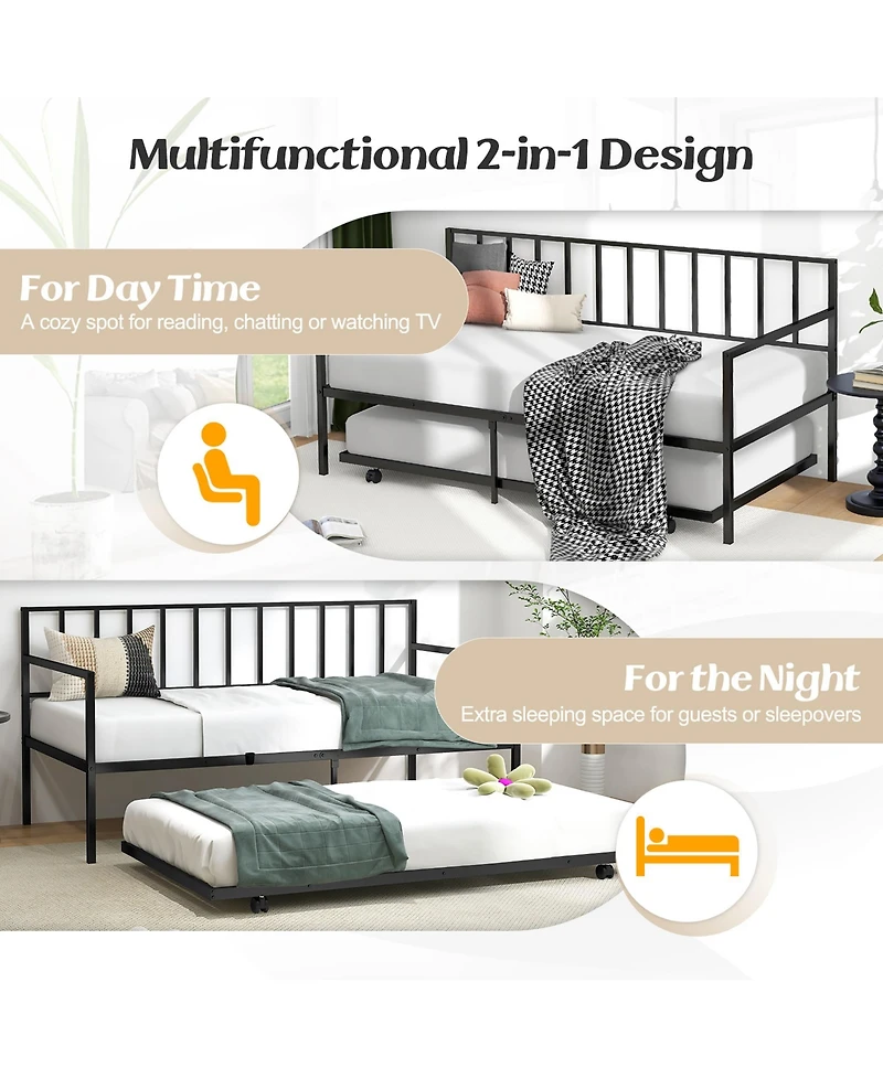 Gymax Twin Metal Daybed Sofa Bed with Trundle and Lockable Casters for Living Room