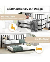 Gymax Twin Metal Daybed Sofa Bed with Trundle and Lockable Casters for Living Room