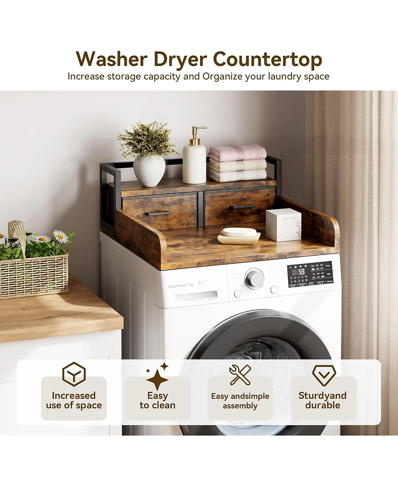 gaomon 2-Tier Washer Dryer Countertop, Shelf and 2 Drawers, High Guardrails, Laundry Storage Organizer