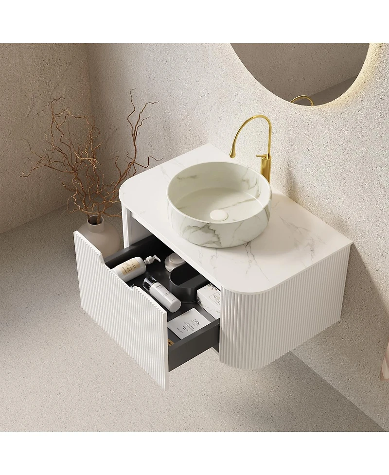 Sillysis Wall Mounted Bathroom Vanity with White Sintered Stone Top, Round Ceramic Bowl Sink