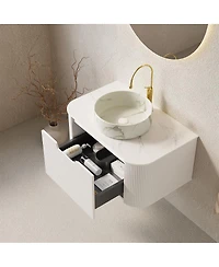 Sillysis Wall Mounted Bathroom Vanity with White Sintered Stone Top, Round Ceramic Bowl Sink