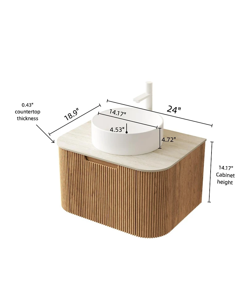Sillysis Wall Mounted Bathroom Vanity with Sintered Stone Top, Round Ceramic Vessel Sink, Wood Grain Drawer