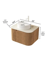 Sillysis Wall Mounted Bathroom Vanity with Sintered Stone Top, Round Ceramic Vessel Sink, Wood Grain Drawer