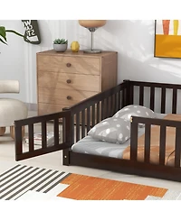 Sailvan Floor Bed with Fence and Door, Solid Wood Kids Platform Frame