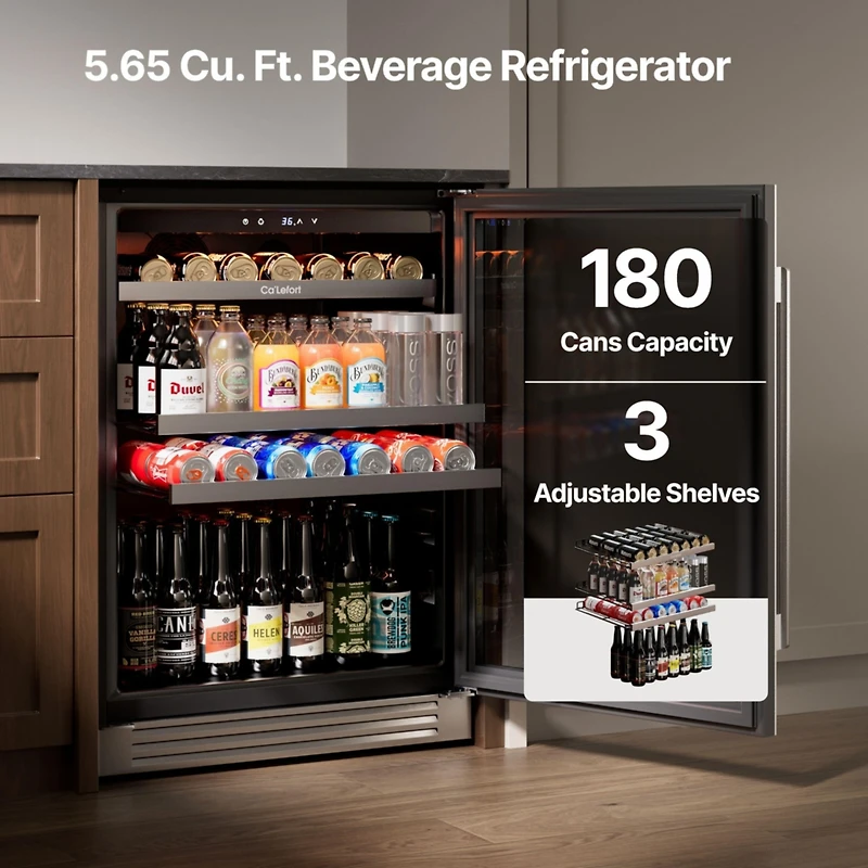 CaLefort 24 Inch Beverage Refrigerator Cooler, 180 Can Capacity, Glass Door, Built In or Freestanding, 5.65 Cubic Feet, 34 to 54 Degrees Fahrenheit