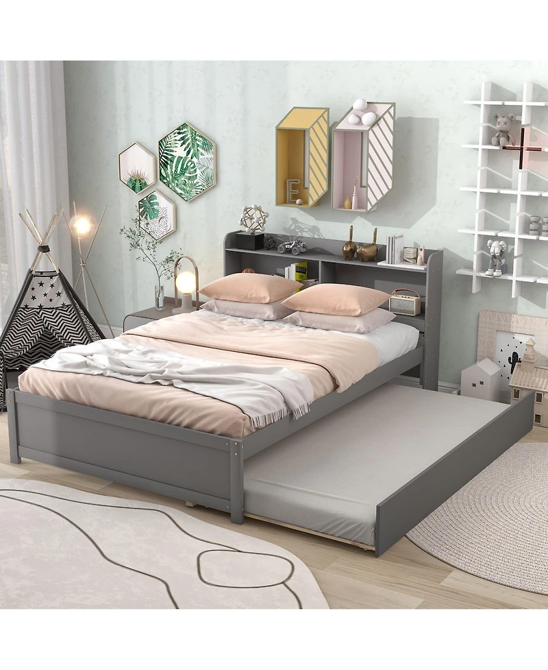 Clihome Bed with Trundle and Bookcase Headboard