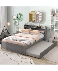 Clihome Bed with Trundle and Bookcase Headboard