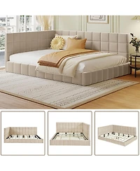 Rainsken L-Shaped Corner Upholstered Daybed, Grid Tufted Velvet Bed Frame with Wooden Slats for Bedroom