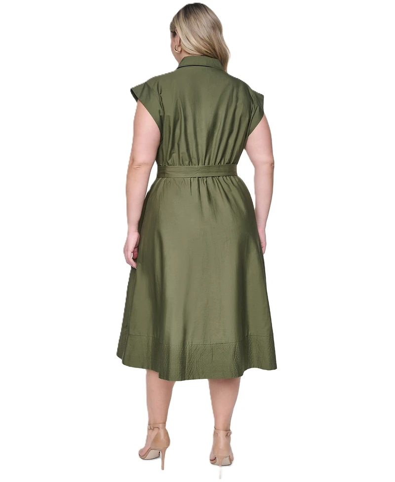 Eliza J Plus Trapunto Stitch Short-Sleeve Belted Midi Shirt Dress