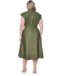 Eliza J Plus Trapunto Stitch Short-Sleeve Belted Midi Shirt Dress