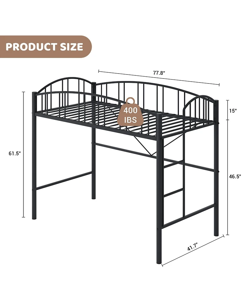 homfan Metal Loft Bed with Arched Guardrail and Ladder, Space-Saving Frame Steel Slats, No Box Spring Needed