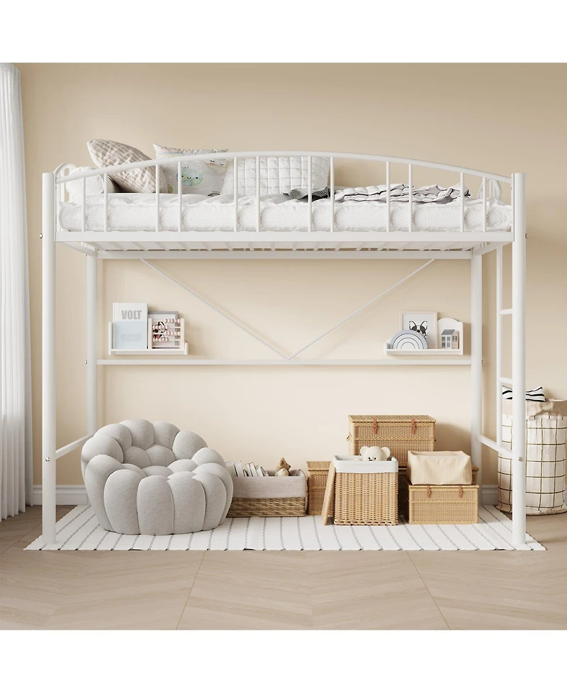 homfan Metal Loft Bed with Arched Guardrail and Ladder, Space-Saving Frame Steel Slats, No Box Spring Needed