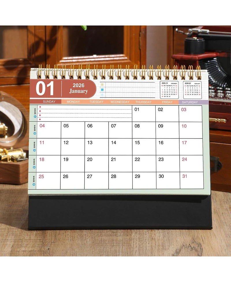 Gnuadz Desk Calendar 2026 Standing Flip Desktop Metal Ring Twin-wire Binding Monthly Home Office
