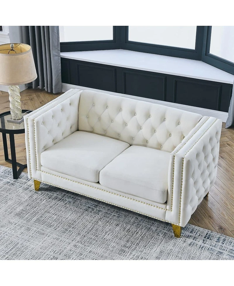 Maison Boucle 58'' Velvet Chesterfield Loveseat Couch, Tufted 2-Seater, Nailhead