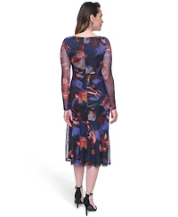 Vince Camuto Petite Long-Sleeve Side Ruched Mesh Midi Dress