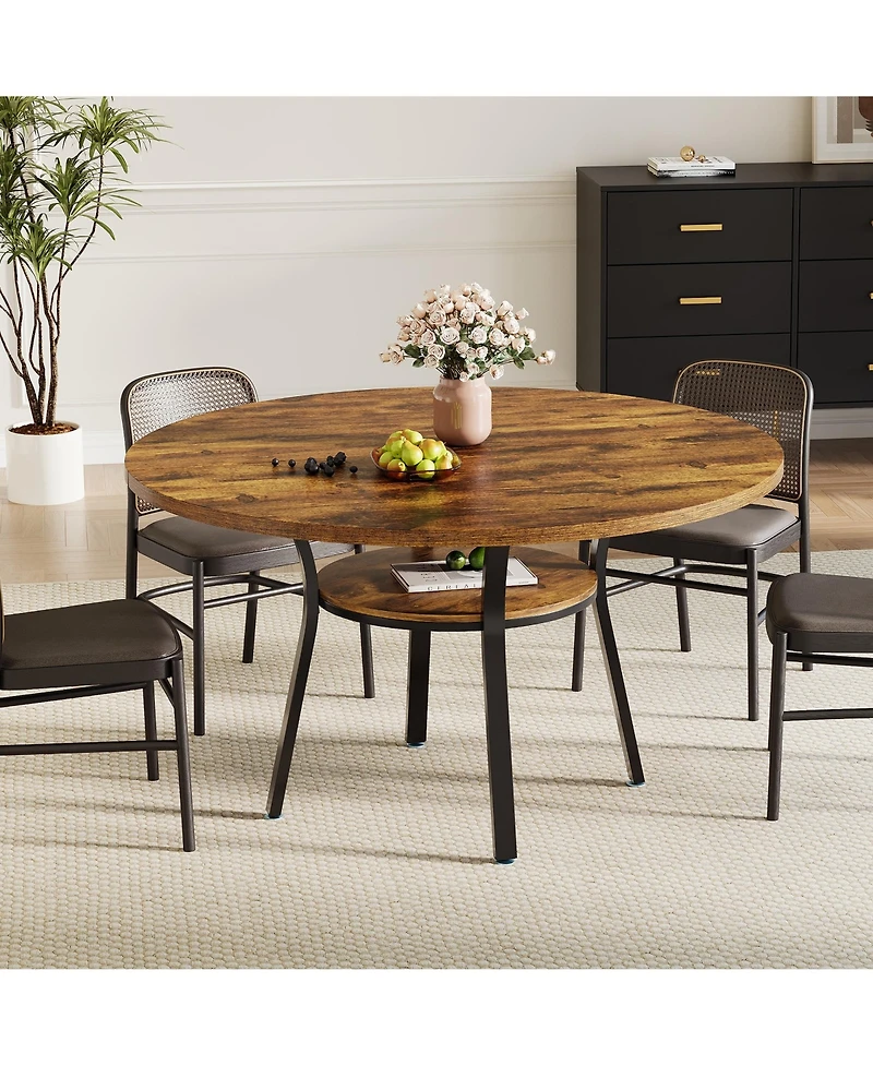 homfan Space-Saving Round Dining Table for 4-6 - Modern Farmhouse Kitchen and Room with Storage Shelf