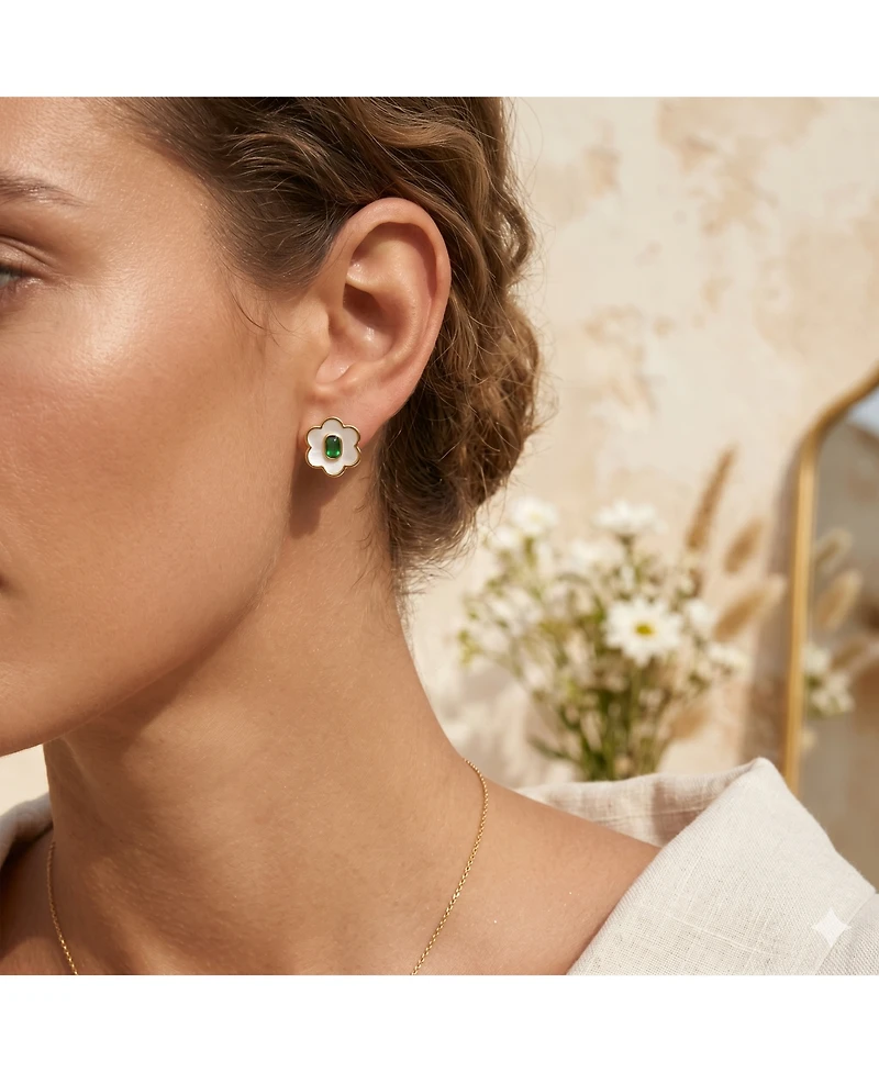 Simona Elegant Mother of Pearl and Green Cz Flower Stud Earrings
