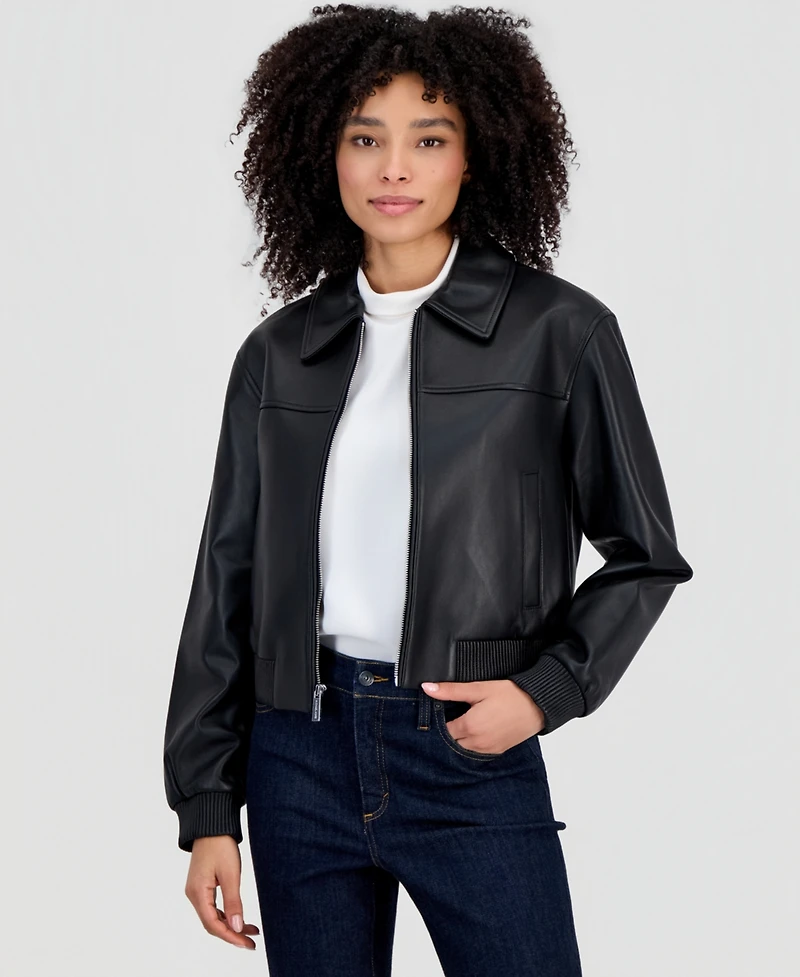 Michael Kors Women's Leather Zip-Up Bomber Jacket