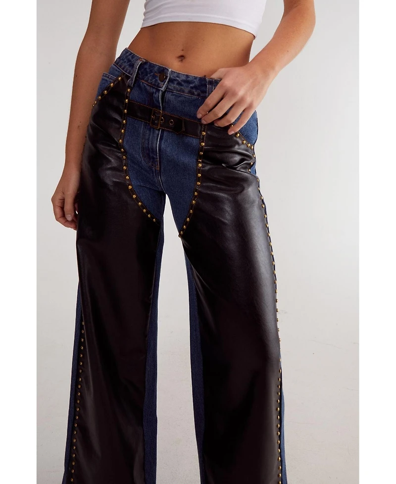 Nasty Gal Women's Straight Leg Denim Pu Mix Chap Jeans