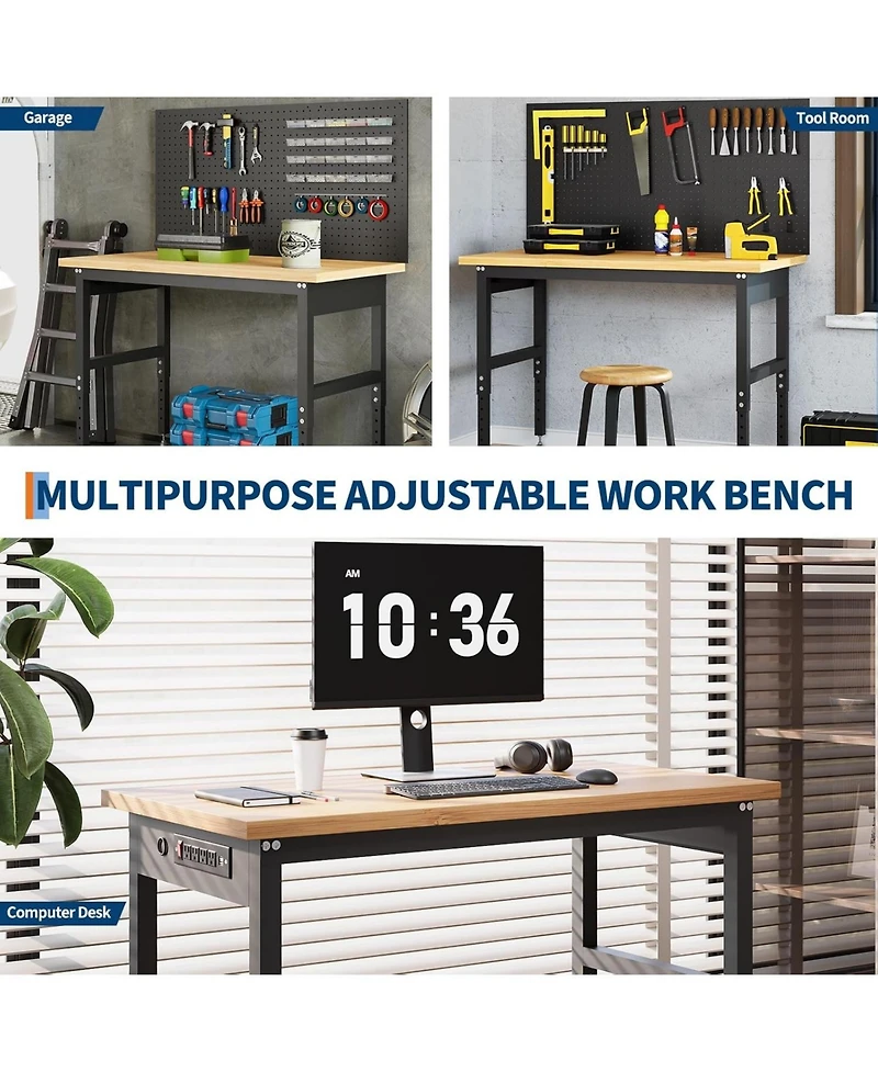 48" Heavy Duty Adjustable Workbench with Pegboard,2000 Lbs Capacity, Manual Height 28-40" Garage Work Table for Workshop, Home