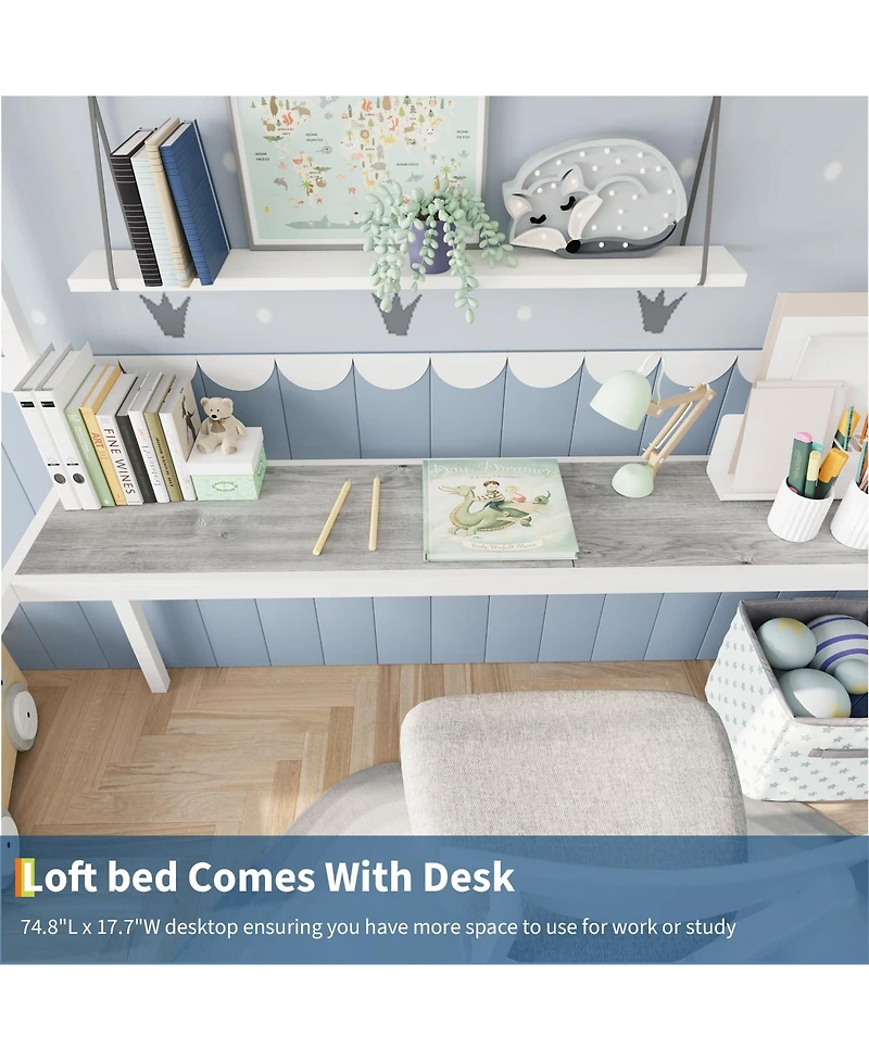 homfan Metal Twin Loft Bed with Desk and Storage Shelves, Space-Saving Frame Guardrails, Ladder Steel Slats