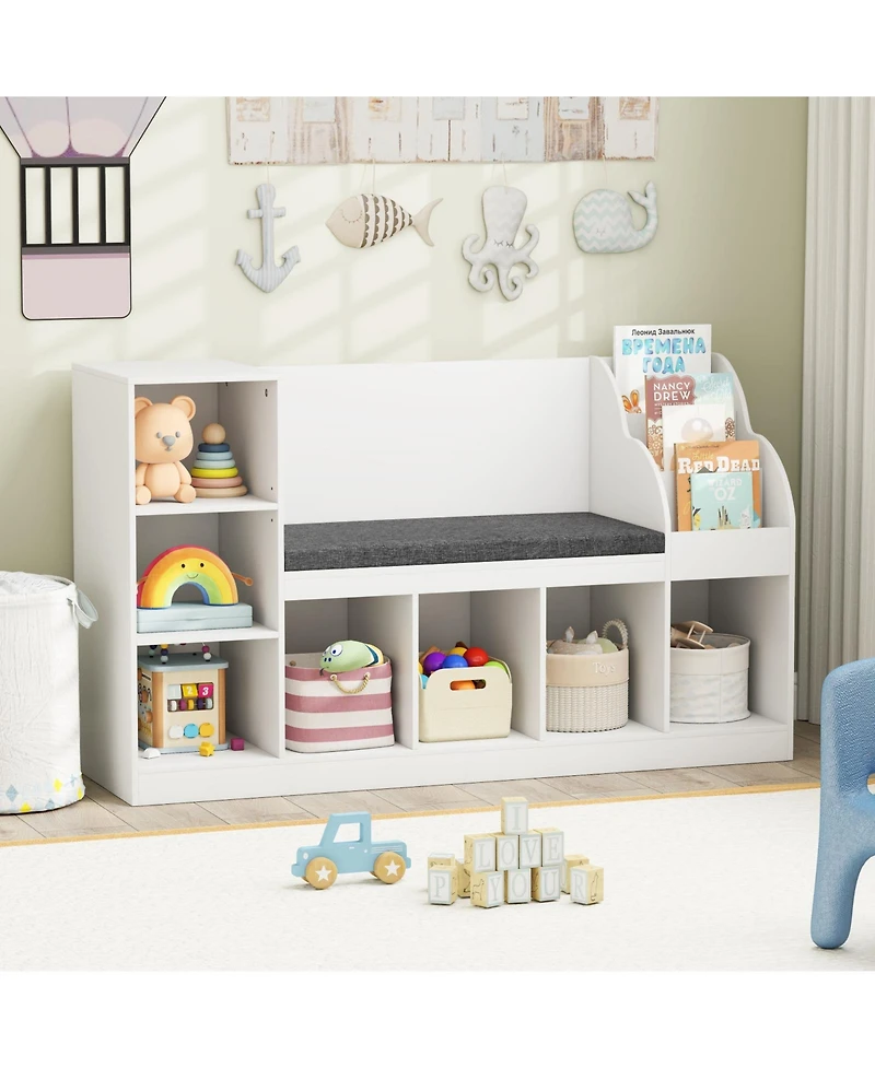 Gymax Wooden Kids Bookshelf w/Reading Nook Padded Seat Open Cubes Adjustable Shelf