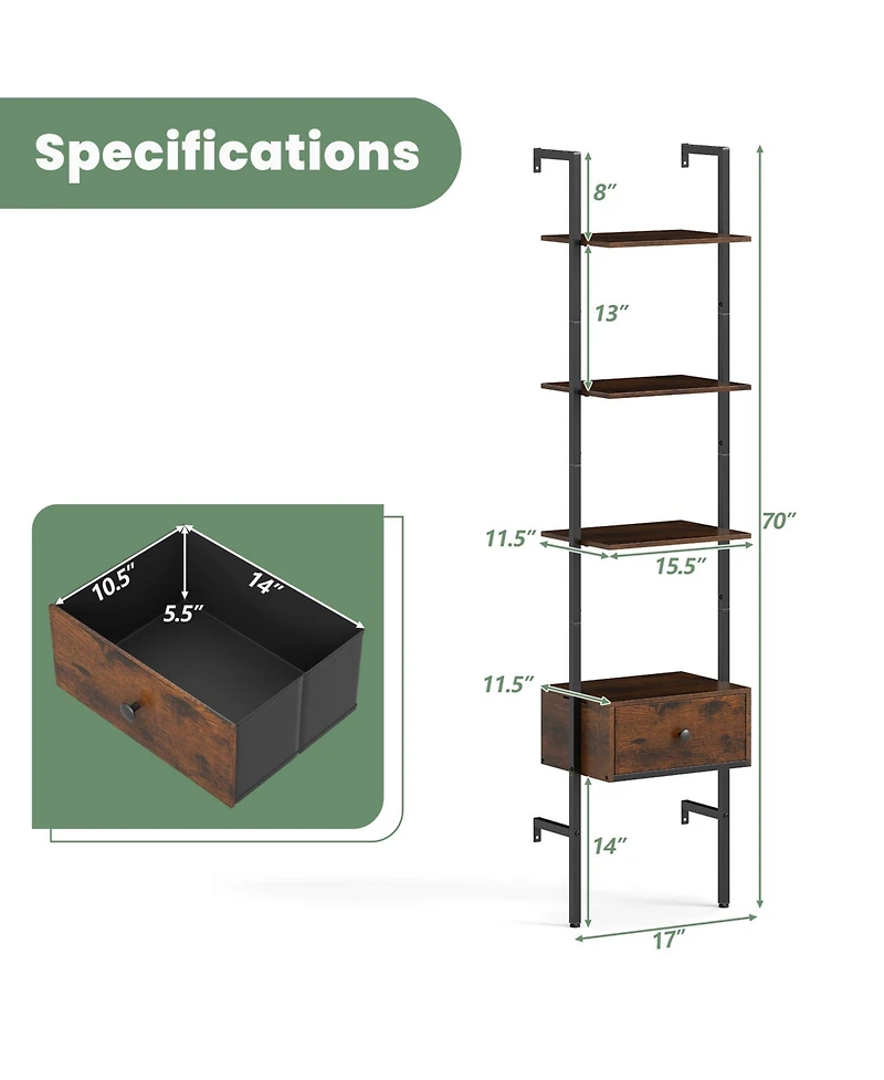 Gymax 2 Pcs 5-Tier Bookshelf w/ Drawer 70'' Wall Mount Ladder Bookcase w/ Metal Frame