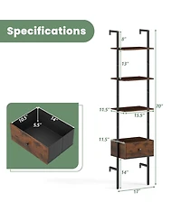 Gymax 2 Pcs 5-Tier Bookshelf w/ Drawer 70'' Wall Mount Ladder Bookcase w/ Metal Frame