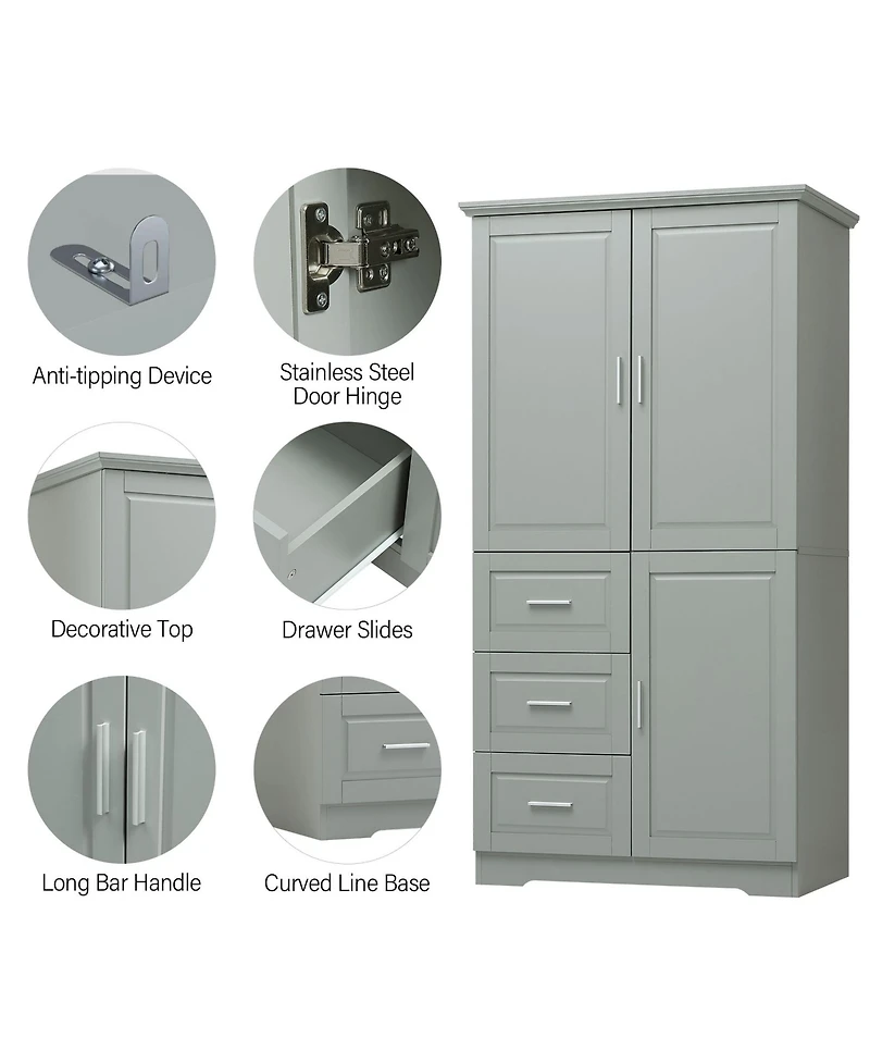 Busdays Tall and Wide Bathroom Office Storage Cabinet with Doors and Three Drawers